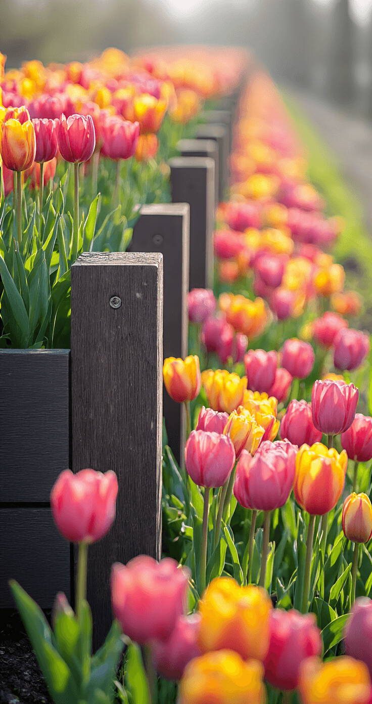 Transforming Your Garden: Creating Stunning Borders with Sleepers Close-up of dark timber sleepers installed vertically in a spring garden, contrasted against a vibrant display of tulips. The morning light highlights the wood grain and metal fixings, while multiple layers of bulb plantings create depth. A macro focus captures the intersection of the sleepers and emerging plant growth with a shallow depth of field emphasizing textural details.