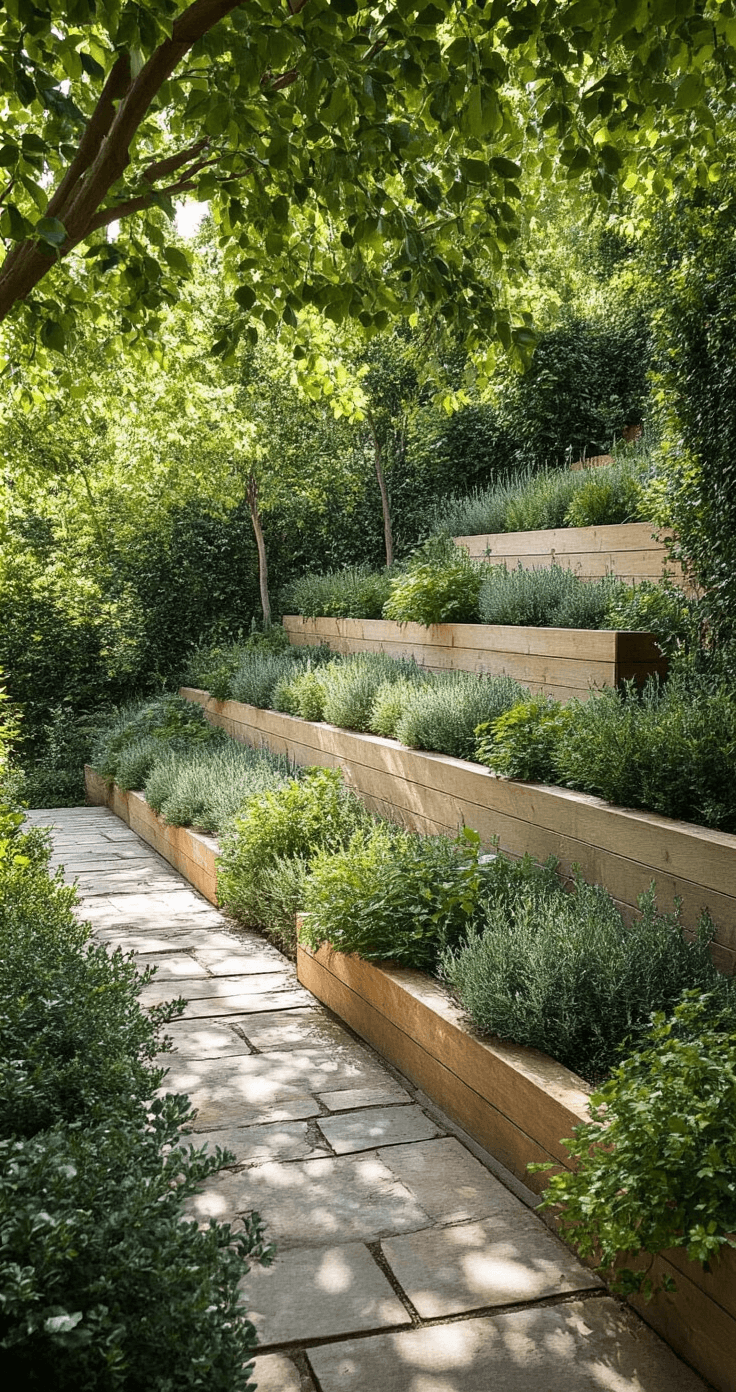 Transforming Your Garden: Creating Stunning Borders with Sleepers A wide shot of a terraced garden with three-tier sleeper construction on a 30-degree slope, featuring Mediterranean-style planting with silver-leafed plants and trailing rosemary, surrounded by a natural stone path. Dappled shade from overhead trees creates dynamic light patterns across the scene.