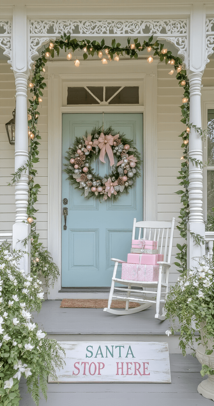 Transform Your Front Porch into a Christmas Wonderland: A Step-by-Step Guide A charming Victorian-style porch decorated for the holidays, featuring intricate white trim, a pale blue door with a festive wreath, garlands of magnolia leaves, sparkling fairy lights, a vintage rocking chair with pastel-wrapped presents, hanging baskets of flowers, and a whimsical 'Santa Stop Here' sign, all under midday light.