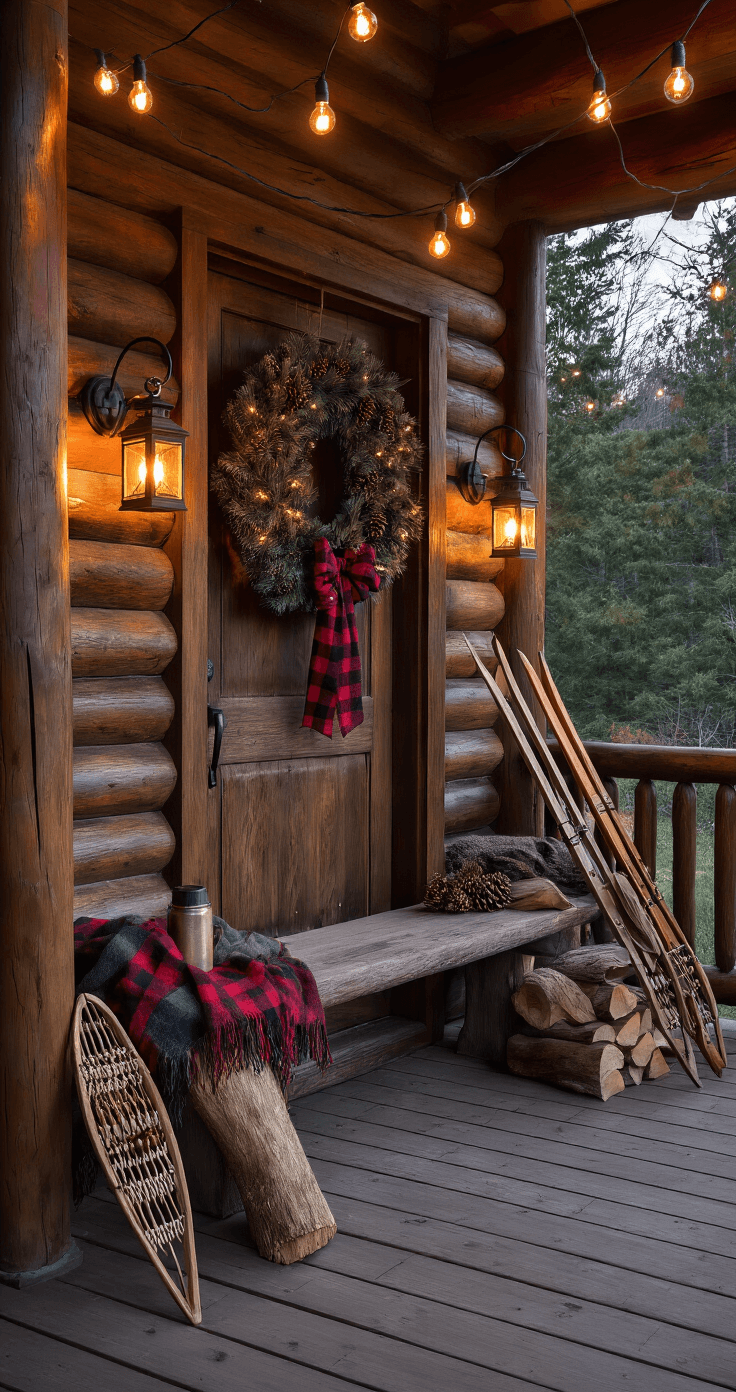 Transform Your Front Porch into a Christmas Wonderland: A Step-by-Step Guide Cozy cabin porch at twilight featuring log railings, a pine wreath on the door, flickering lantern sconces, a rustic bench with firewood and a thermos, draped wool blankets, string lights overhead, and leaning snowshoes and skis.