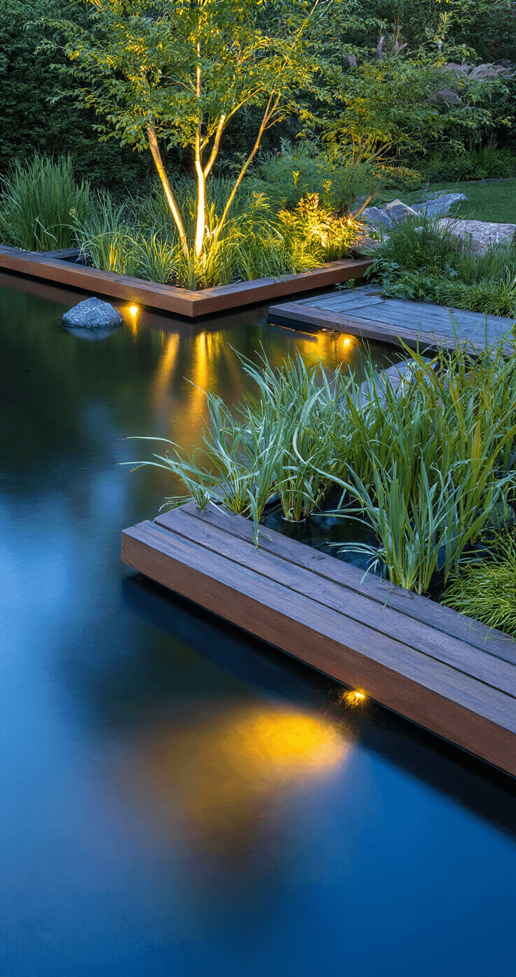 Transforming Your Garden: Creating Stunning Borders with Sleepers Contemporary water garden edge at blue hour, featuring an 18-inch sleeper border with integrated pond lighting. Reflection of timber in still water, framed by native marginal plants. Captured at water level with a long exposure showcasing gentle movement of aquatic plants.