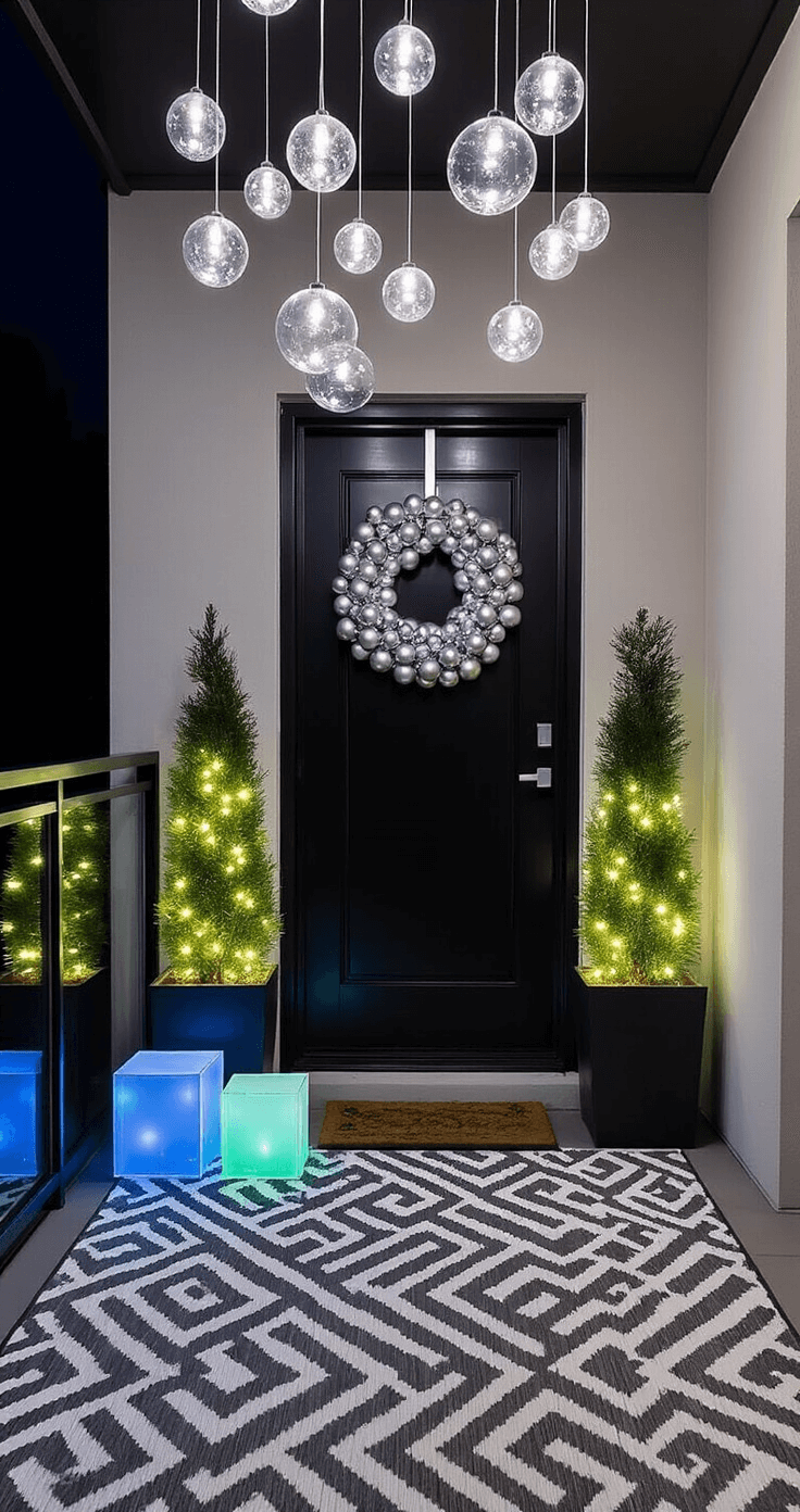 Transform Your Front Porch into a Christmas Wonderland: A Step-by-Step Guide A stylish urban balcony at night, featuring glass railings, a glossy black door with a modern wreath, illuminated potted cypress trees, colorful acrylic light-up presents, a gray and white geometric rug, and hanging glass orbs with fairy lights, all set against a city skyline.