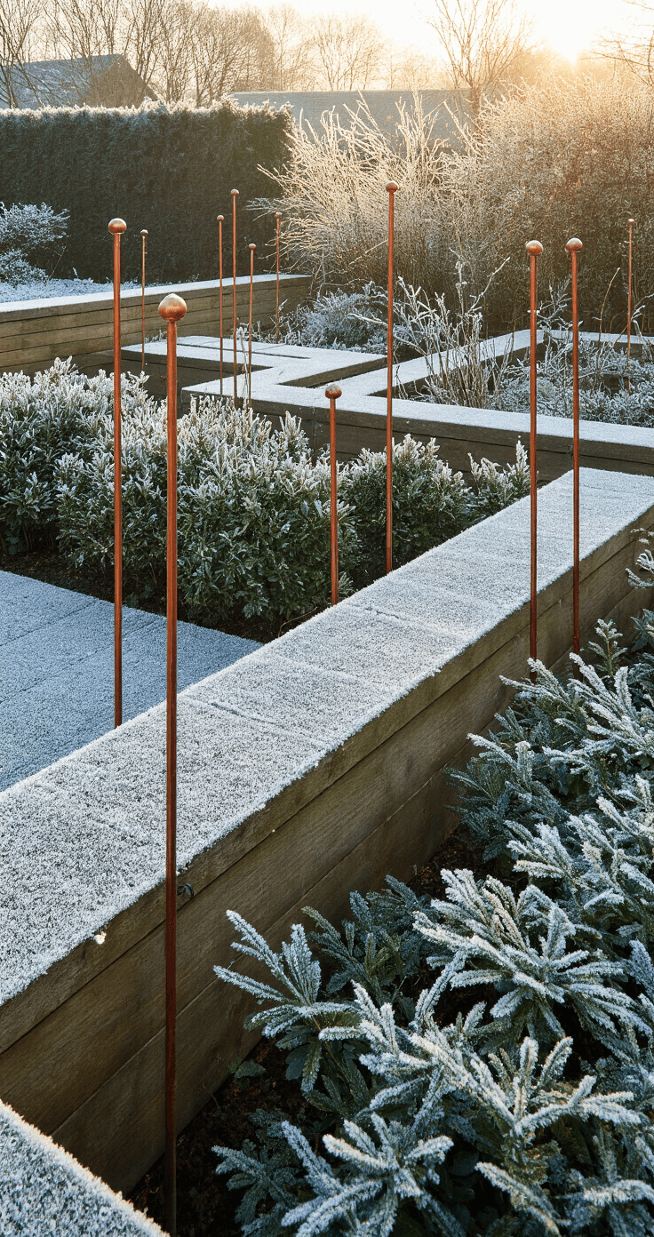 Transforming Your Garden: Creating Stunning Borders with Sleepers A winter garden featuring a sleeper border structure, frost-covered timber, and evergreen plants, illuminated by early morning light that highlights geometric patterns. Strong vertical copper garden stakes rise prominently in the scene, captured from an elevated angle with a 70mm lens to compress perspective, showcasing a cool color palette with warm highlights from the rising sun.