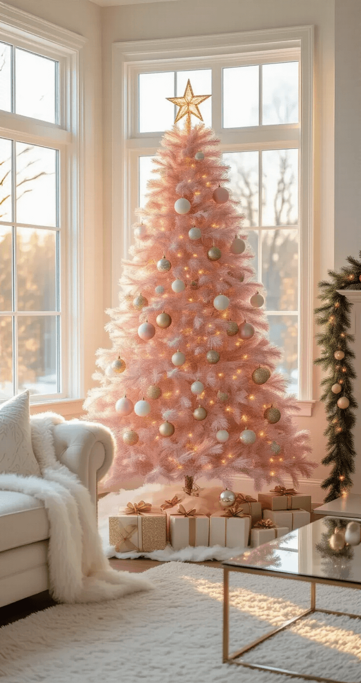 Pink Christmas Tree Magic: A Whimsical Holiday Makeover A cozy living room featuring a pink artificial Christmas tree adorned with warm white lights and mixed ornaments, illuminated by late afternoon light from large bay windows, with a plush cream sofa and glass coffee table nearby.