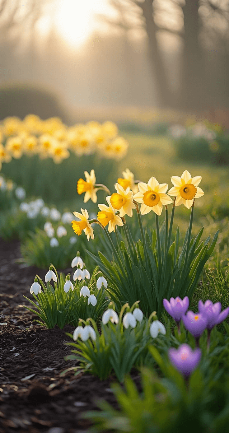 Perennial Garden Bulbs: Your Ultimate Guide to Reliable Spring Blooms A serene spring garden at sunrise featuring blooming daffodils, snowdrops, and crocus, captured from ground level with soft bokeh and morning mist enhancing the tranquil scene.