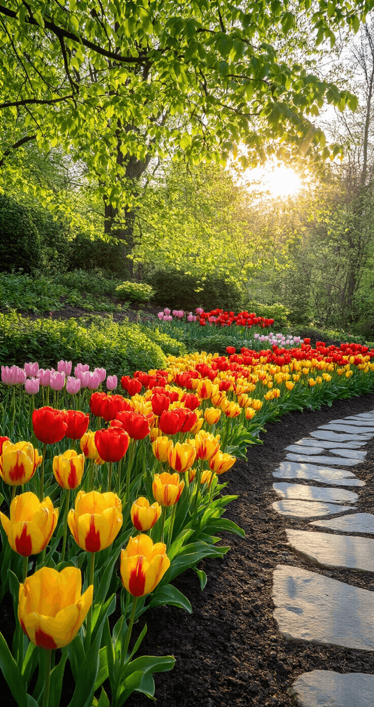 Perennial Garden Bulbs: Your Ultimate Guide to Reliable Spring Blooms Wide-angle view of a sloped garden at golden hour, featuring dramatic layers of red and yellow Darwin Hybrid tulips and shorter soft pink Fosteriana tulips. Dappled sunlight filters through maple branches, illuminating rich loamy soil and fresh spring growth along a winding natural stone pathway.