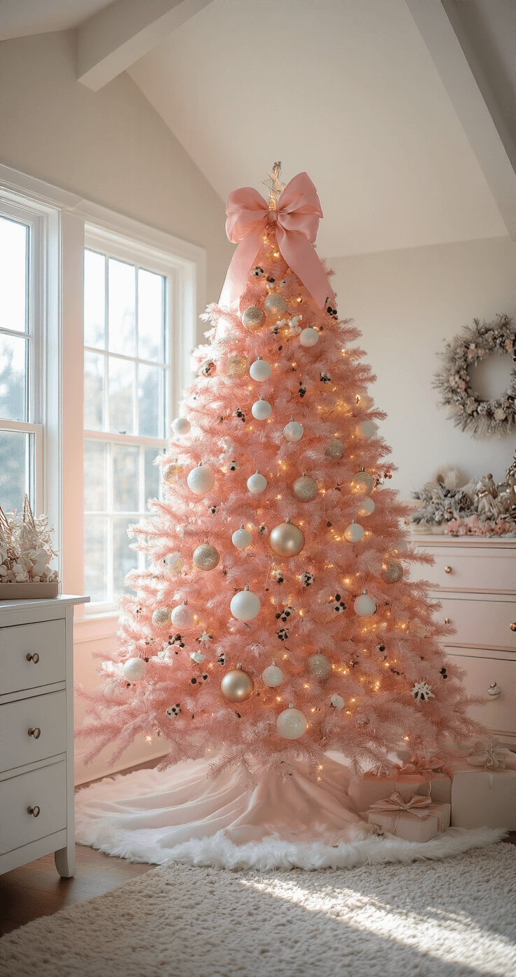 Pink Christmas Tree Magic: A Whimsical Holiday Makeover A bright and airy 10x12 ft bedroom with vaulted ceilings, featuring a large picture window and a 6 ft pink Christmas tree adorned with white and gold baubles, delicate pink ornaments, warm LED lights, and a handmade popcorn and cranberry garland. A white dresser and a blush pink armchair complete the cozy reading nook, illuminated by soft morning light.