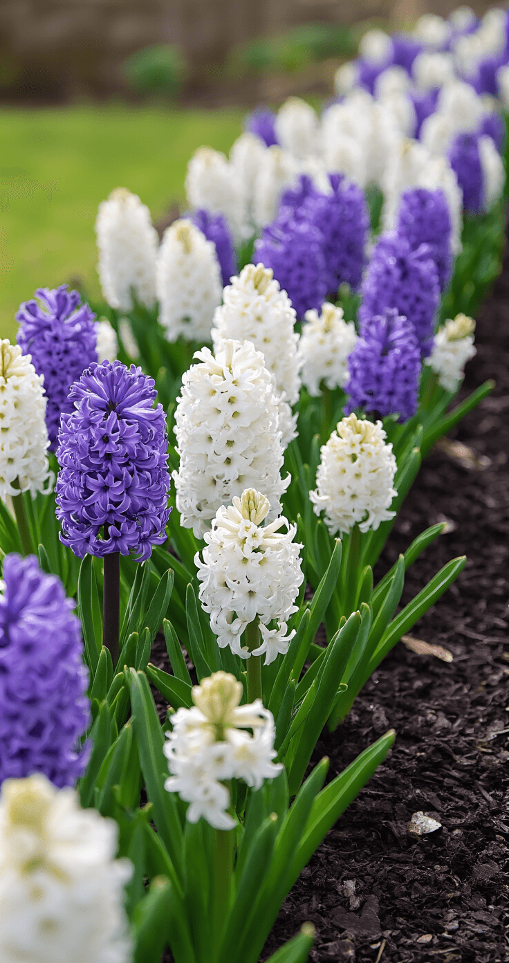 Perennial Garden Bulbs: Your Ultimate Guide to Reliable Spring Blooms Intimate macro shot of a garden border featuring a 6'x8' bed of densely planted purple and white hyacinths in peak bloom, showcasing intricate petal structures and morning dew drops. Dark mulch contrasts with the vibrant flowers, captured at plant level with a soft overcast lighting, showing vintage copper garden markers nestled between the clusters.