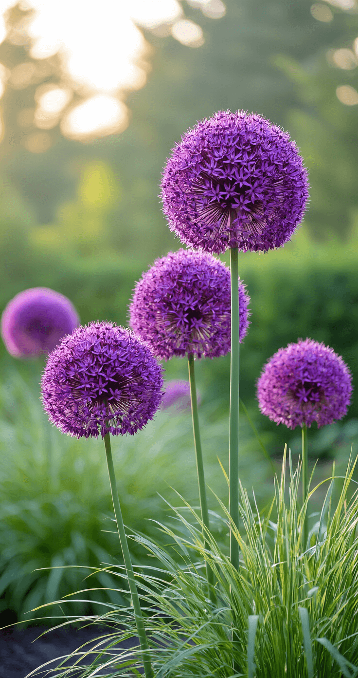 Perennial Garden Bulbs: Your Ultimate Guide to Reliable Spring Blooms A low-angle view of a morning garden showcasing tall Globemaster alliums with vibrant purple blooms against a blurred green backdrop, all framed by ornamental grasses, captured in soft cool light.