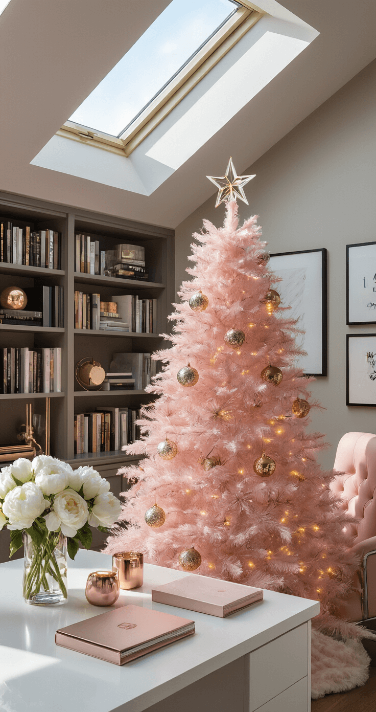 Pink Christmas Tree Magic: A Whimsical Holiday Makeover A chic home office featuring a pink Christmas tree on a white desk, surrounded by floor-to-ceiling bookshelves and bathed in natural light from a skylight, with geometric gold ornaments and white peonies accentuating the modern decor.