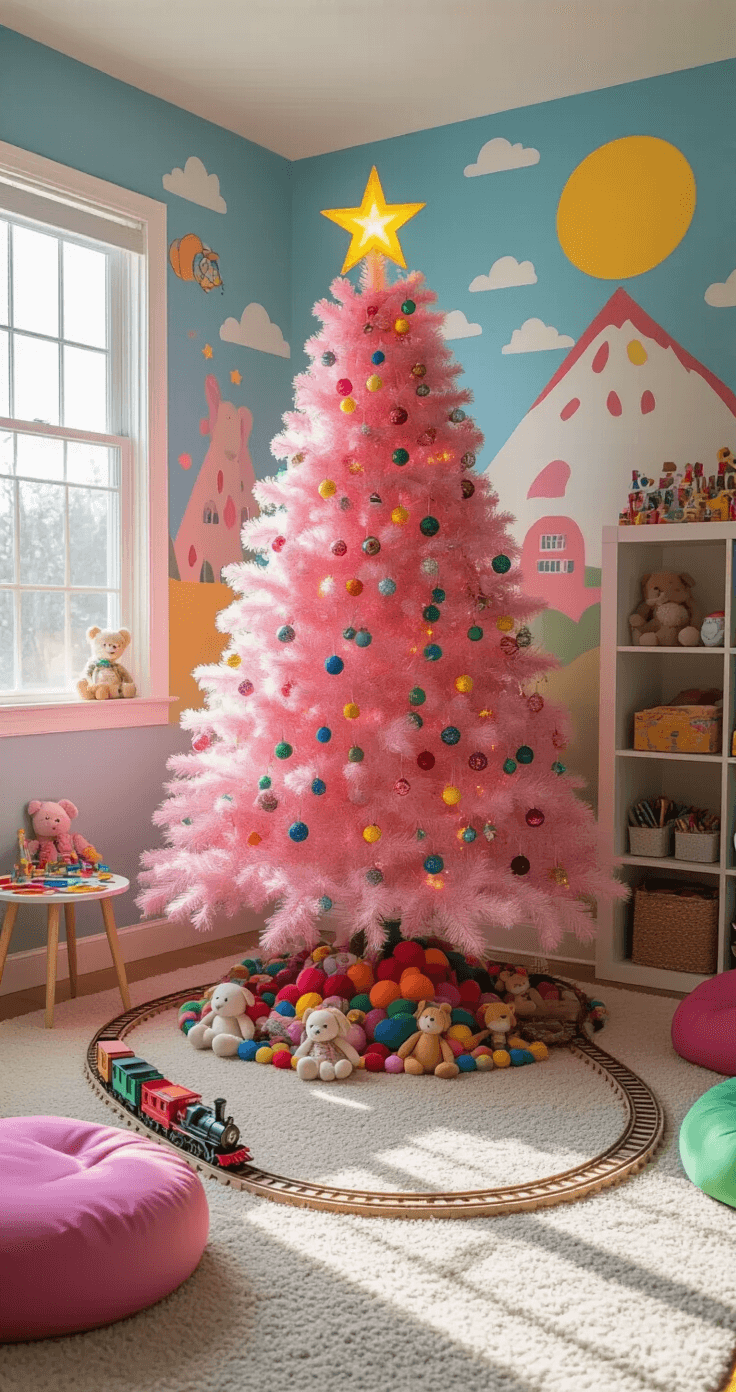 Pink Christmas Tree Magic: A Whimsical Holiday Makeover A cozy children's playroom filled with colorful murals and a plush carpet, featuring a vibrant pink Christmas tree adorned with handmade ornaments and multicolored lights, surrounded by a toy train set, beanbags, and art supplies, all illuminated by warm late morning light.