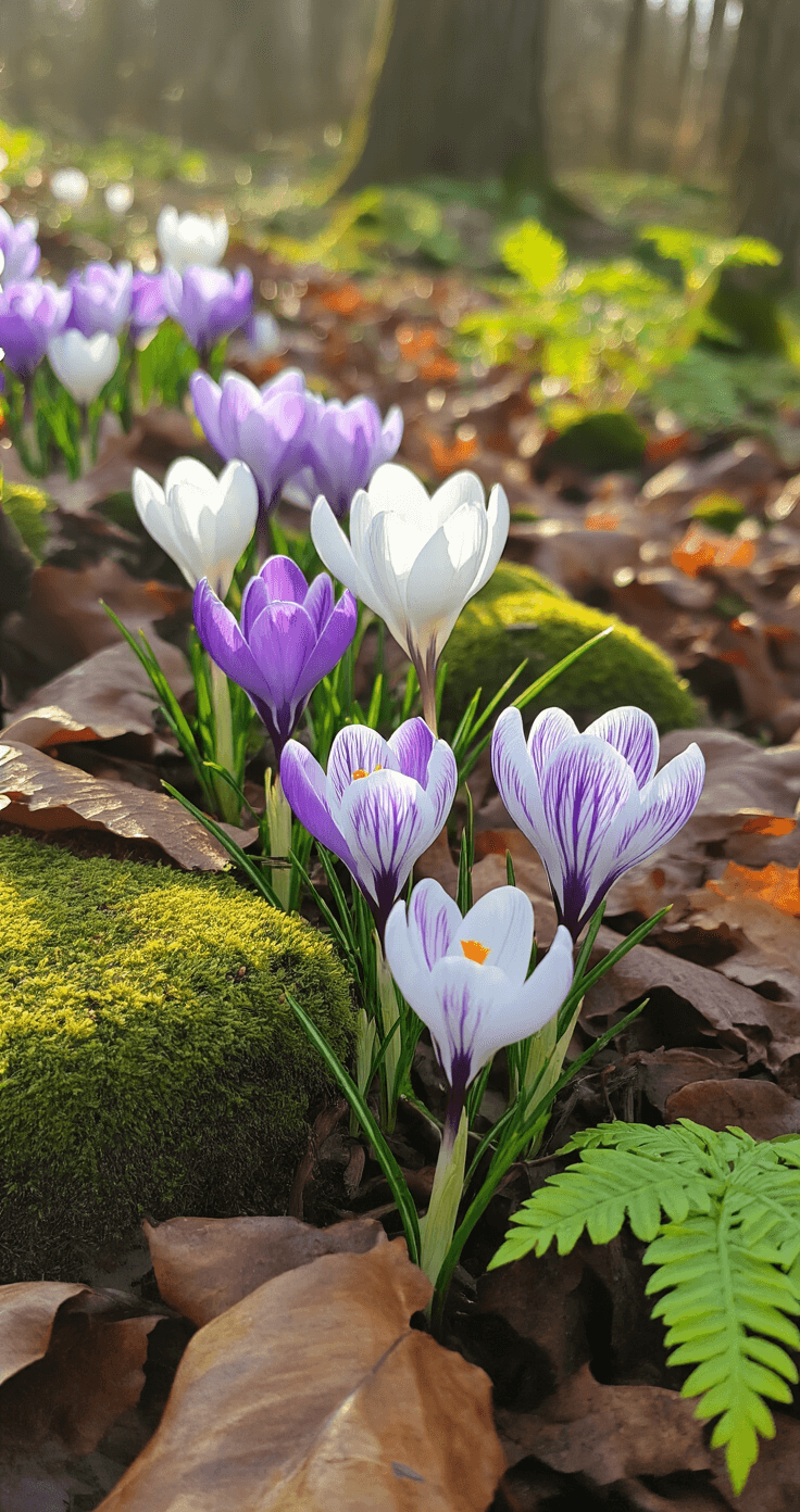 Perennial Garden Bulbs: Your Ultimate Guide to Reliable Spring Blooms Close-up of a naturalized crocus colony at the woodland garden edge, featuring purple, white, and striped crocuses emerging through fallen leaves. Dappled morning light enhances the magical atmosphere, with moss-covered stones and early spring ferns in the background. The image captures the delicate translucence of the petals in golden hour lighting, shot at ground level with an ethereal f/2.0 effect.