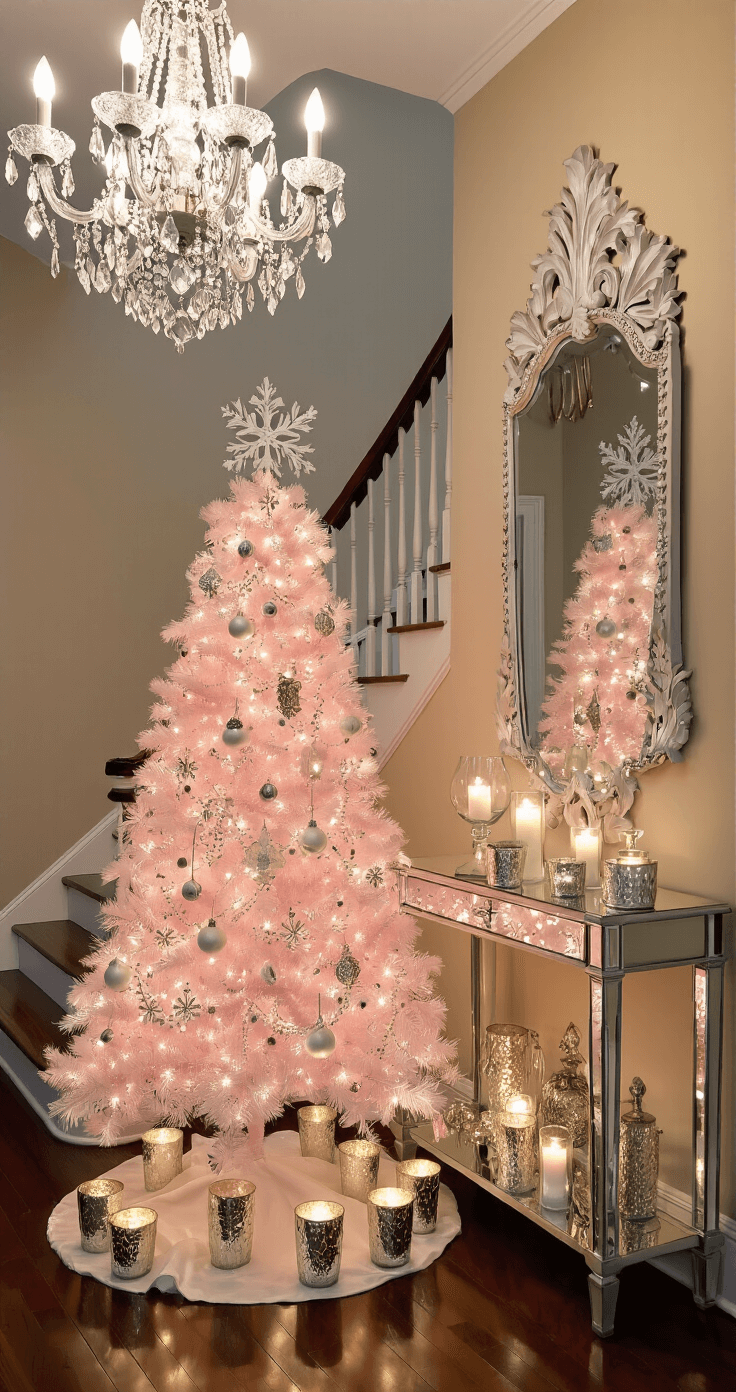 Pink Christmas Tree Magic: A Whimsical Holiday Makeover An intimate entryway featuring a grand staircase, a crystal chandelier, and a slim pink Christmas tree adorned with white lace ornaments and pearl garlands, softly illuminated by tiny warm white LED lights. The tree is placed on a mirrored console table with mercury glass candle holders nearby, while a lush green garland with pink ribbons wraps around the staircase banister, all captured in warm evening light.