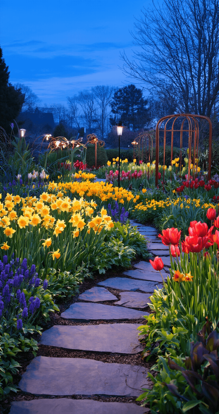 Perennial Garden Bulbs: Your Ultimate Guide to Reliable Spring Blooms Dramatic twilight garden portrait showcasing a formal 20'x25' bed filled with layers of daffodils, tulips, and alliums, illuminated by solar lights against a deep blue sky, with a stone pathway winding through copper garden elements.