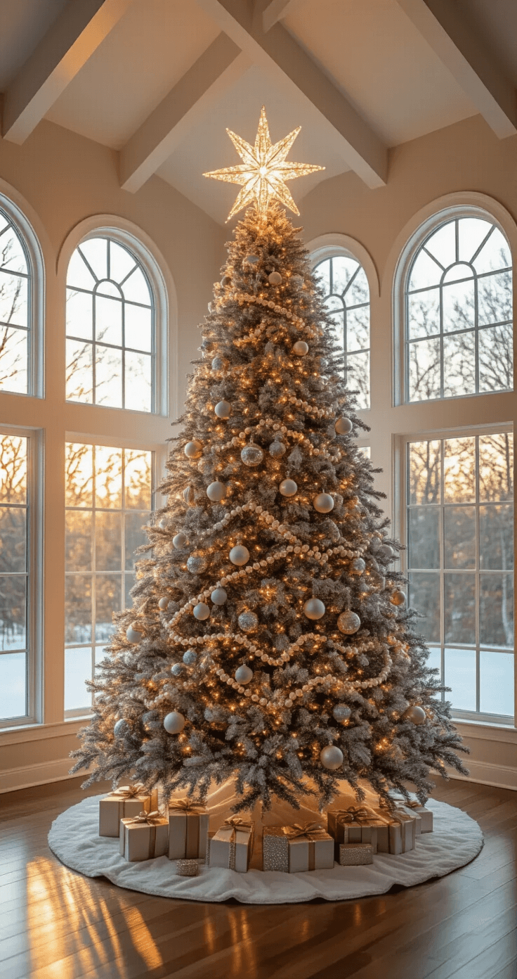 A wide-angle view of a spacious living room featuring vaulted ceilings and large bay windows, showcasing a grand 9ft frosted artificial Christmas tree adorned with mixed-metal ornaments and a sparkling crystal star on top, illuminated by warm late afternoon light.