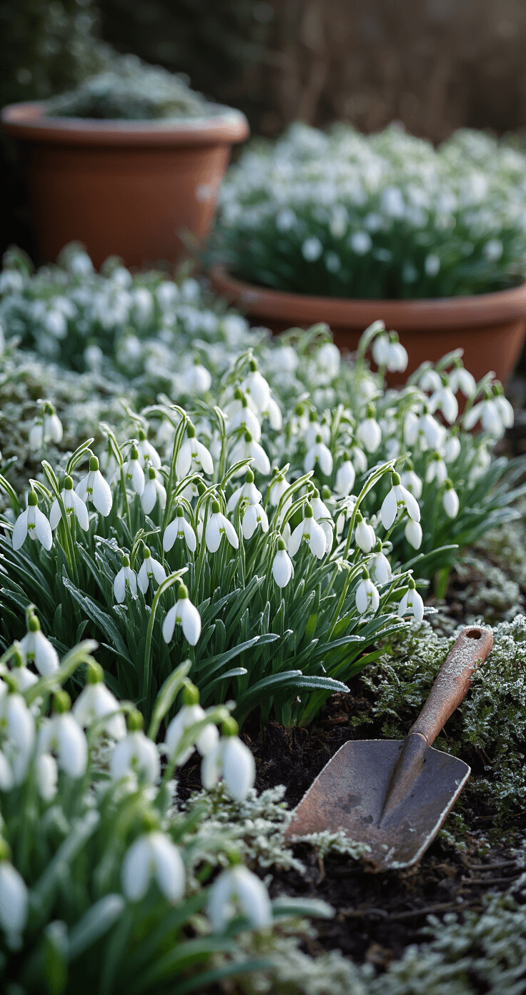 Perennial Garden Bulbs: Your Ultimate Guide to Reliable Spring Blooms Morning frost blankets a sheltered garden nook showcasing a colony of snowdrops in full bloom, with delicate white flowers glistening under crystalline frost. A dark evergreen backdrop contrasts beautifully with the blooms, while early morning light enhances the frost's details. Vintage terracotta pots and weathered garden tools complete the tranquil outdoor scene.