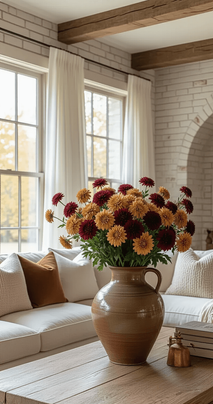 Fall Flowers: 15 Stunning Blooms to Brighten Your Autumn Garden A cozy farmhouse living room in fall, featuring a vintage vase of burgundy and golden chrysanthemums, warm sunlight streaming through 12-foot windows onto oak floors, whitewashed brick walls, exposed beams, and a neutral linen sectional with textured pillows, accented with copper and brass, creating a dreamy atmosphere.