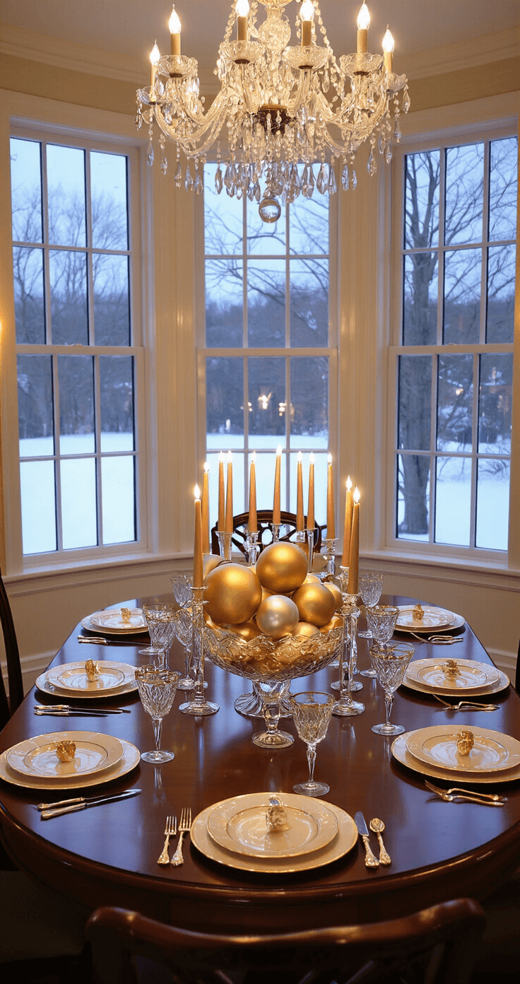 An elegant dining room at dusk with a mahogany table set for a festive holiday feast, featuring fine china, crystal glassware, gold-rimmed chargers, and a cut-glass bowl centerpiece filled with ornaments, illuminated by warm candlelight and a dimmed chandelier.