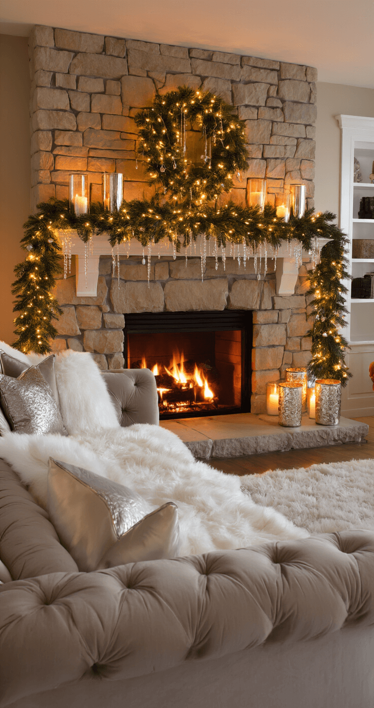 A cozy den featuring a plush velvet sofa with a white faux fur throw and metallic pillows, illuminated by the warm glow of a stone fireplace adorned with an evergreen garland, crystal ornaments, and oversized mercury glass hurricanes with candles, creating an intimate and luxurious atmosphere.