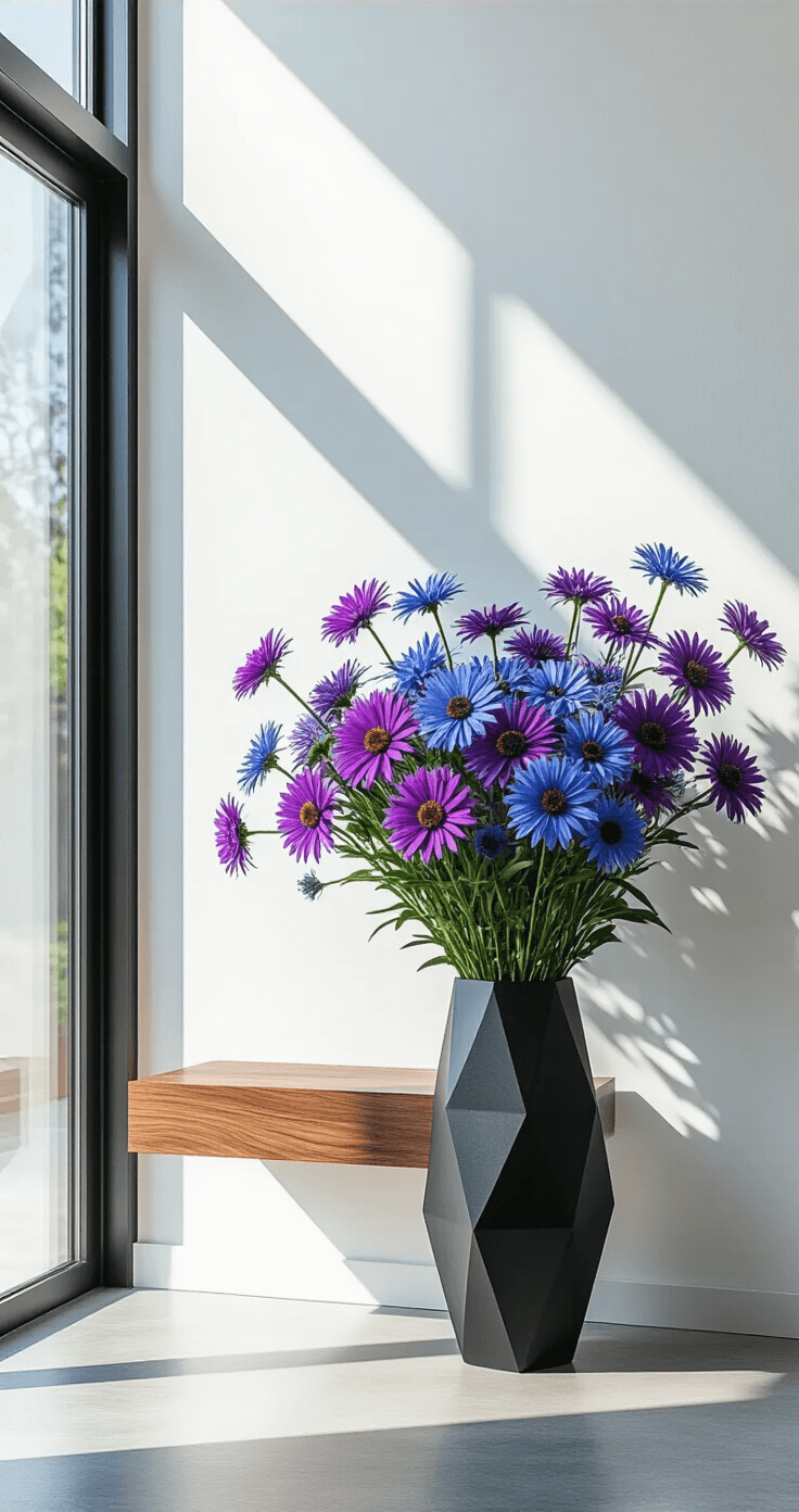 Fall Flowers: 15 Stunning Blooms to Brighten Your Autumn Garden Modern minimalist entryway with a large geometric vase of purple and blue asters, a walnut floating console, and floor-to-ceiling windows casting shadows on concrete floors.