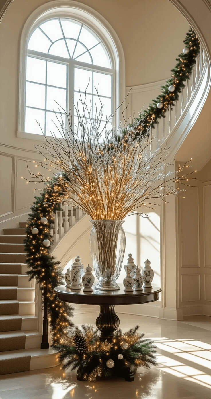 A grand entryway features a sweeping staircase with a glass vase of silver and gold branches at the foot, surrounded by a lush garland on the banister, illuminated by early morning light through an arched window. A round table displays hand-painted porcelain figurines.