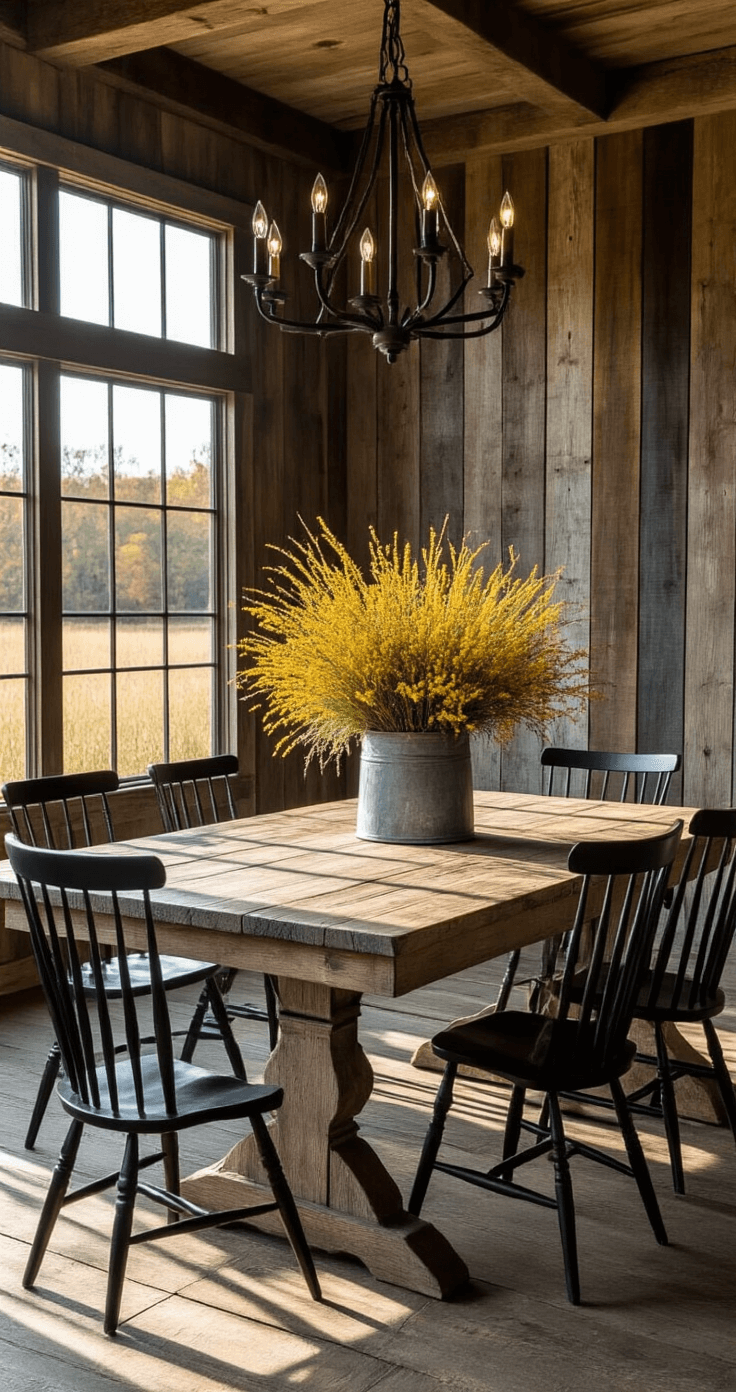 Fall Flowers: 15 Stunning Blooms to Brighten Your Autumn Garden Rustic dining room with a harvest table adorned with wild goldenrod and native grasses in a weathered zinc container, surrounded by Windsor chairs. The space features reclaimed barn wood walls and an iron chandelier, illuminated by late afternoon sun casting long shadows on the distressed table surface.