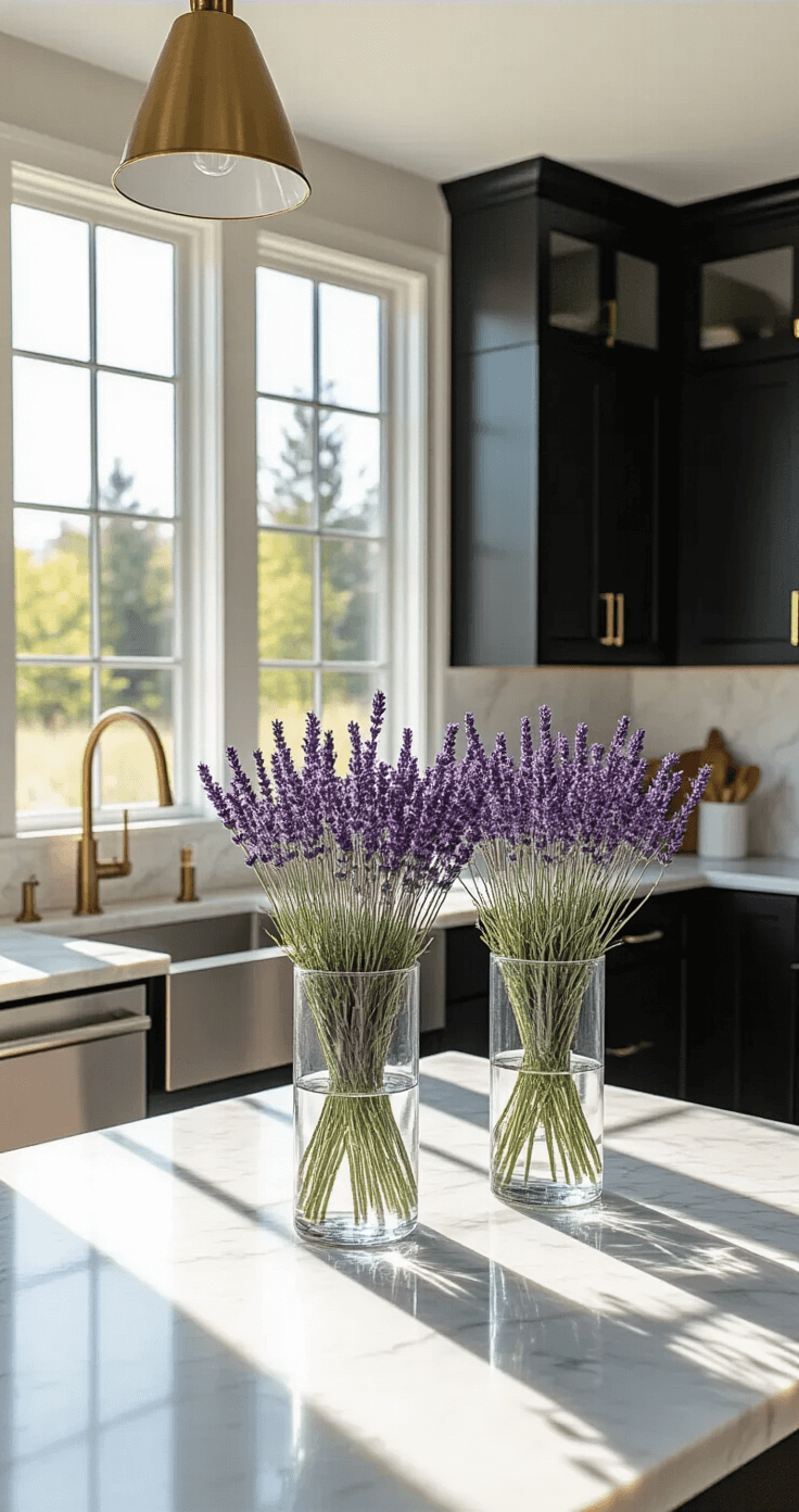 Fall Flowers: 15 Stunning Blooms to Brighten Your Autumn Garden A contemporary kitchen featuring a marble island with clear glass cylinders holding Russian sage and dried lavender, surrounded by floor-to-ceiling windows, matte black cabinets, and brass fixtures. Midday light casts dramatic shadows over the delicate purple flowers, while high-end stainless steel appliances add an industrial touch. The image is captured straight on at counter height, highlighting the flower silhouettes in natural side lighting.