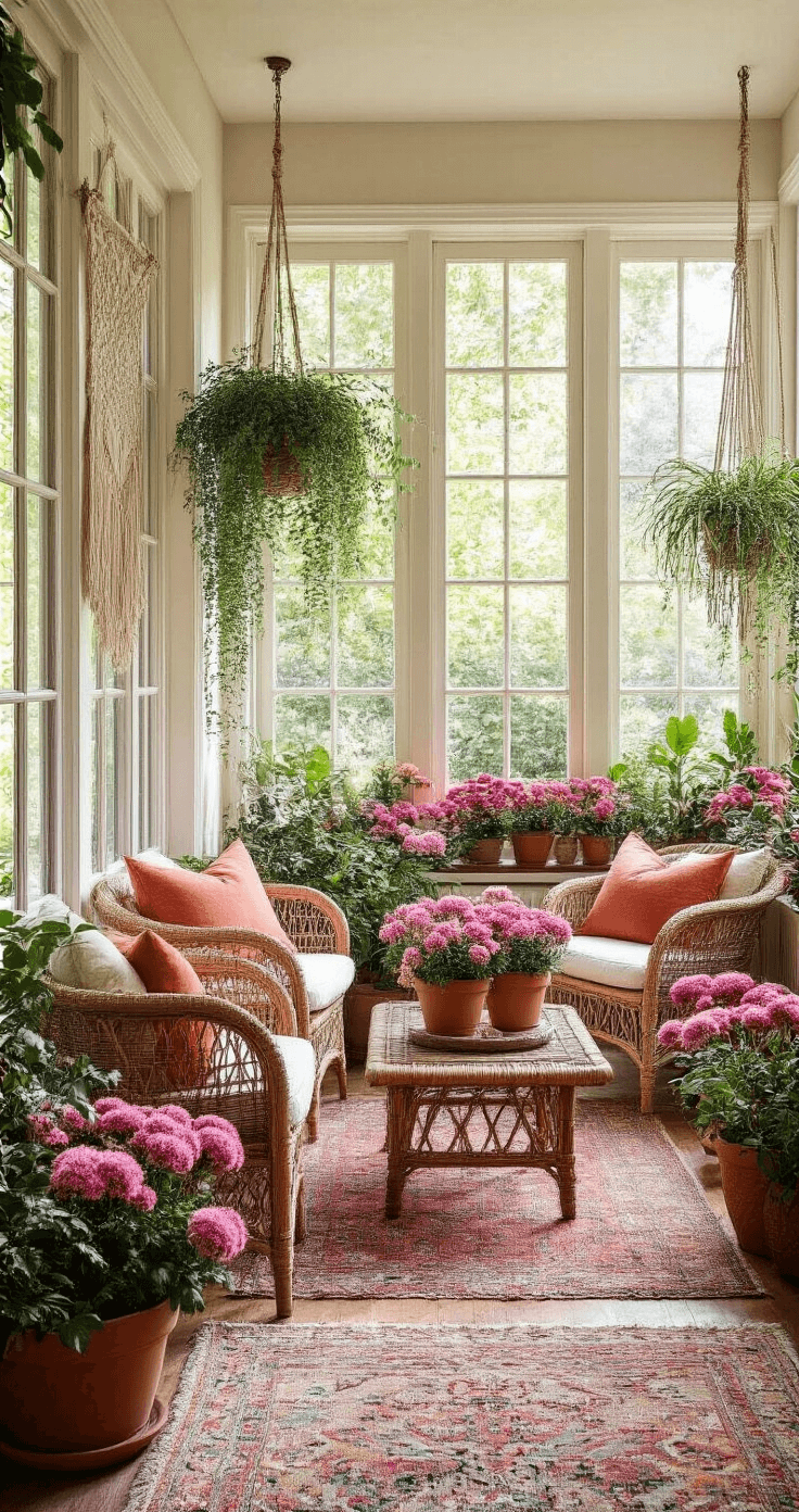 Fall Flowers: 15 Stunning Blooms to Brighten Your Autumn Garden Bohemian sunroom with rattan furniture and layered vintage rugs, featuring clustered pink and red sedums in terra cotta pots at varying heights, illuminated by morning light through wrap-around windows.