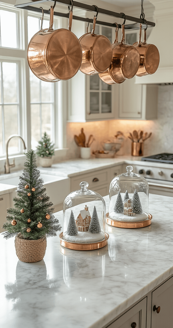 An overhead view of a spacious kitchen featuring a large marble-topped island adorned with glass cloches showcasing miniature winter scenes. Copper pots hang from a ceiling rack, reflecting bright morning light, and a small Norfolk pine decorated with copper ornaments sits in one corner, enhancing the festive yet functional ambiance of the room.