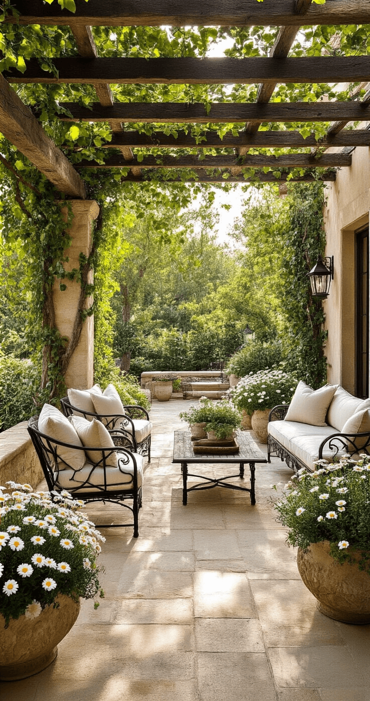 Fall Flowers: 15 Stunning Blooms to Brighten Your Autumn Garden Mediterranean outdoor terrace featuring African daisies in weathered stone planters, with natural limestone pavers, iron furniture, ivory cushions, and a pergola covered with climbing vines, captured in warm golden hour light from an elevated angle.