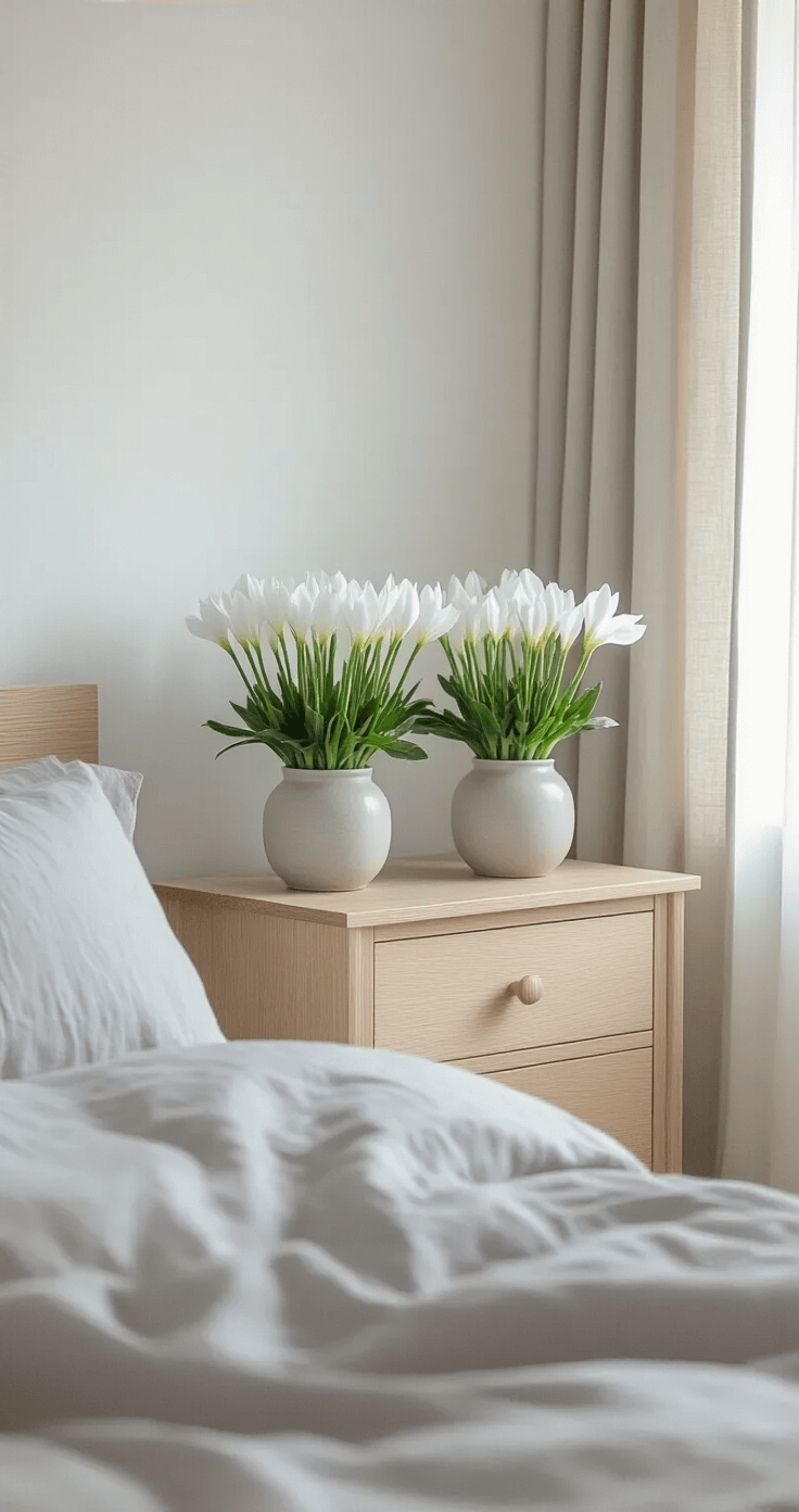 Fall Flowers: 15 Stunning Blooms to Brighten Your Autumn Garden A serene Scandinavian bedroom featuring a minimalist arrangement of white cyclamen in ceramic vessels on a pale oak nightstand, with white walls, light wood floors, and gauzy linen curtains. The early morning light enhances the plush gray bedding, creating an ethereal atmosphere.