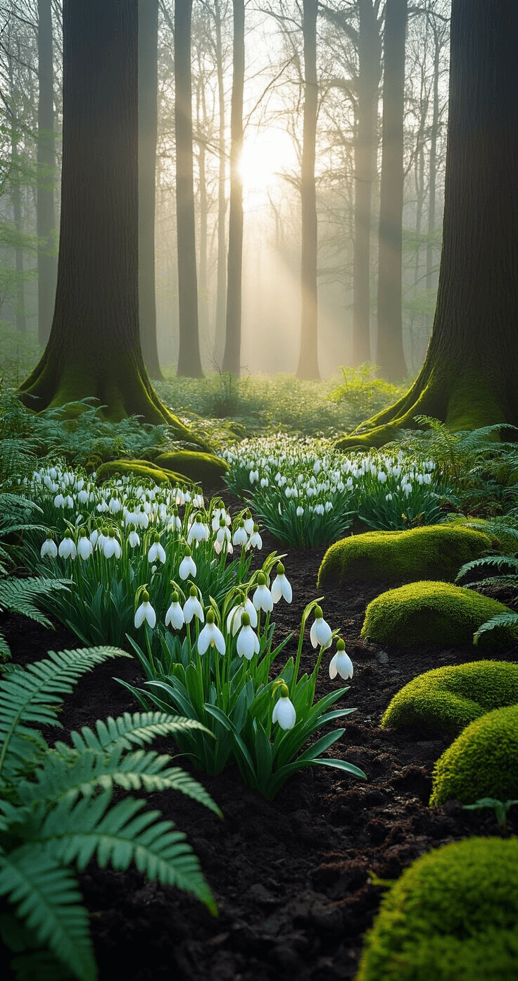 Shade-Loving Garden Bulbs: Transforming Dark Corners into Floral Paradises A serene woodland garden corner at dawn, featuring clusters of white snowdrops emerging from dark soil, surrounded by lush green ferns and moss-covered stones, with dappled light filtering through tall deciduous trees.