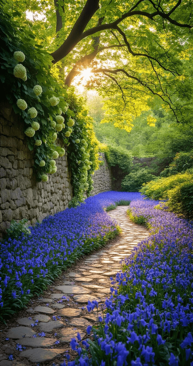 Shade-Loving Garden Bulbs: Transforming Dark Corners into Floral Paradises Late afternoon garden scene featuring a winding pathway through a shaded area filled with blooming Spanish bluebells, under the dappled light of maple trees. An ancient stone wall covered in climbing hydrangea adds depth, while golden hour light creates magical spots on the bluebell carpet. The composition draws the viewer’s eye along the path.