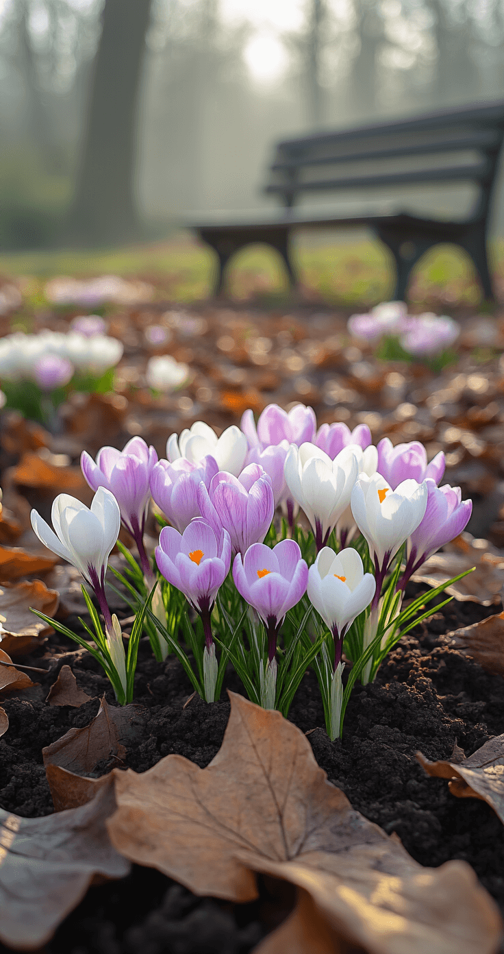 Shade-Loving Garden Bulbs: Transforming Dark Corners into Floral Paradises A close-up of pink and white crocus flowers emerging from dark soil and fallen leaves in a misty garden, with a weathered bench faintly visible in the background, illuminated by soft morning light.