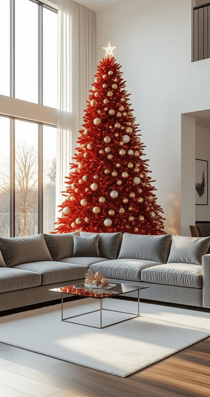The Magic of a Red Christmas Tree: A Bold Holiday Statement Modern living room with a 7-foot pre-lit red Christmas tree adorned with gold and white baubles, grey velvet L-shaped sofa, glass coffee table, and hardwood floors, bathed in warm golden hour light from floor-to-ceiling windows.