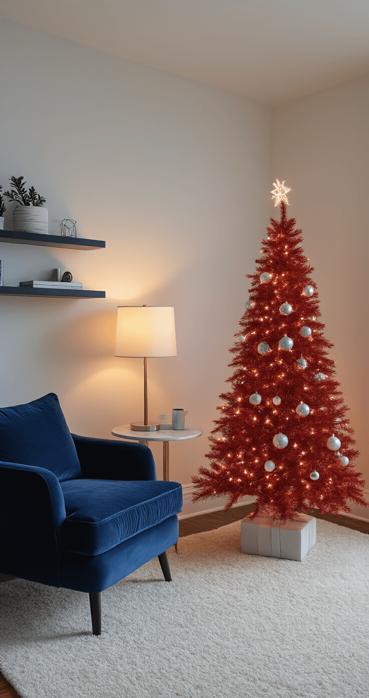 The Magic of a Red Christmas Tree: A Bold Holiday Statement Cozy apartment living area with warm evening lighting, featuring a slim red tinsel Christmas tree adorned with silver ornaments, a navy blue velvet armchair, and a white marble side table against an exposed brick wall, with minimalist decor on floating shelves and a plush cream carpet underfoot.