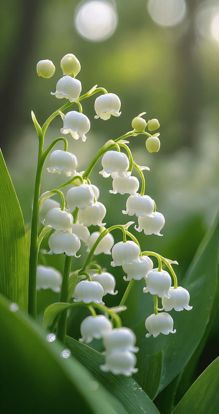Shade-Loving Garden Bulbs: Transforming Dark Corners into Floral Paradises Close-up of Lily of the Valley in peak bloom with arching white bell-shaped flowers and deep green leaves, adorned with morning dew droplets. The image features soft natural light and shallow depth of field, creating a dreamy bokeh effect against rich brown earth tones.