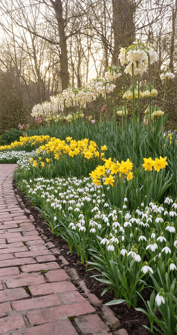 Shade-Loving Garden Bulbs: Transforming Dark Corners into Floral Paradises A layered shade garden featuring tall fritillaria, medium daffodils, and low snowdrops, with an aged brick pathway leading through the scene. Early morning light highlights the garden's texture in an earth-tone palette with vibrant spring colors.