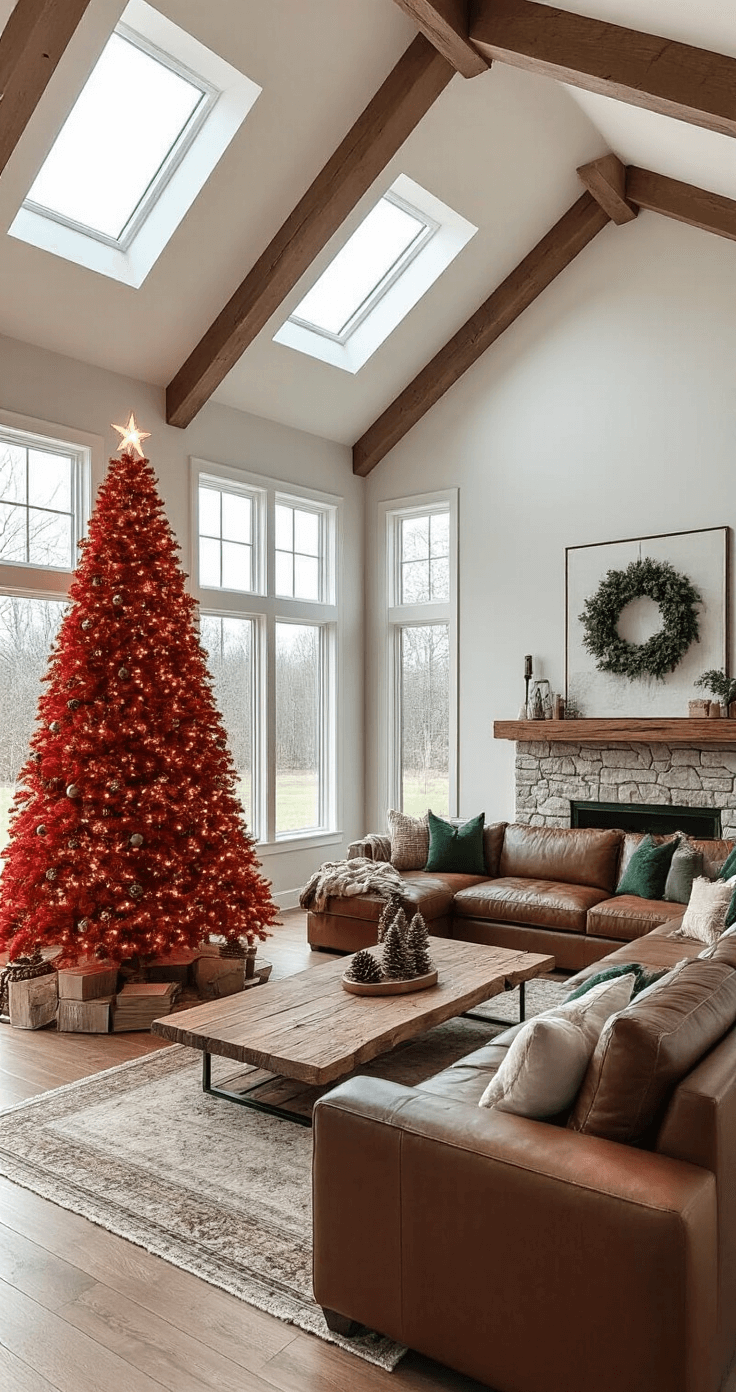 The Magic of a Red Christmas Tree: A Bold Holiday Statement A spacious open-concept great room featuring vaulted ceilings and a large red Christmas tree decorated with rustic ornaments, illuminated by natural light from skylights. The room includes a leather sectional, reclaimed wood coffee table, and stone fireplace, creating a cozy, cabin-like atmosphere with elegant touches.