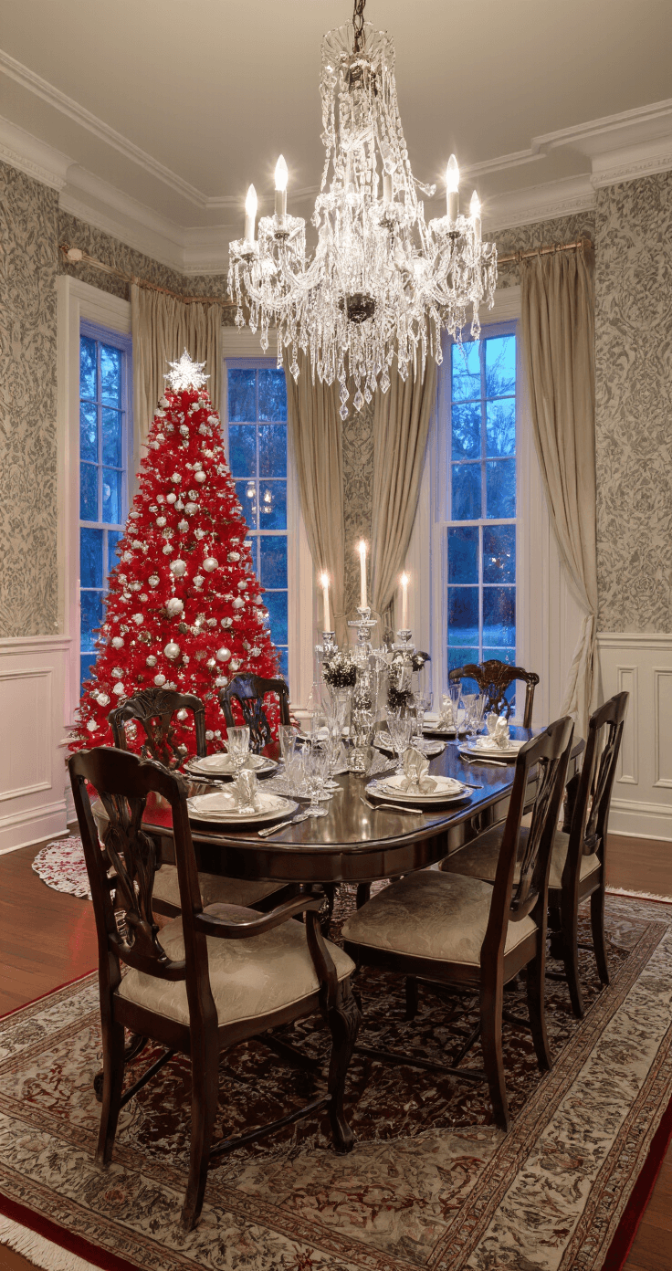 The Magic of a Red Christmas Tree: A Bold Holiday Statement Elegant dining room adorned for the holidays, featuring a dark wood table set with fine china and crystal glassware, a flocked red Christmas tree in the corner, and a crystal chandelier, all illuminated by dusk lighting.