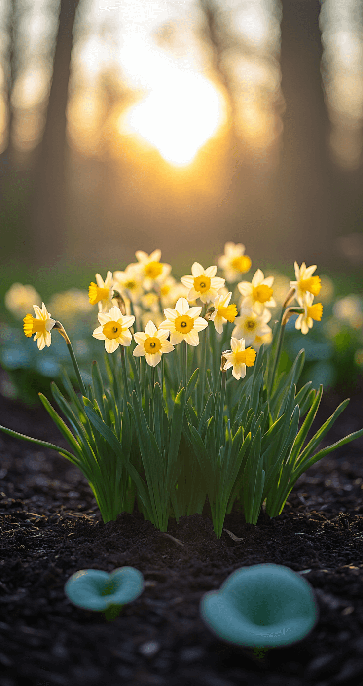 Shade-Loving Garden Bulbs: Transforming Dark Corners into Floral Paradises A low-angle view of a cluster of miniature daffodils glowing in sunlight, surrounded by dark mulch and emerging hostas, with a dreamy blurred background and warm golden tones contrasting cool shadows.