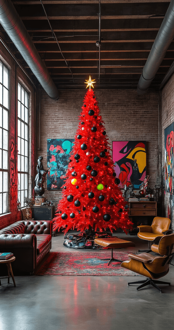 The Magic of a Red Christmas Tree: A Bold Holiday Statement An eclectic artist's loft featuring a glossy metallic red Christmas tree decorated with avant-garde ornaments, surrounded by mismatched vintage furniture and colorful abstract art, set against a graffiti-covered brick wall and illuminated by dramatic uplighting in a late-night setting.