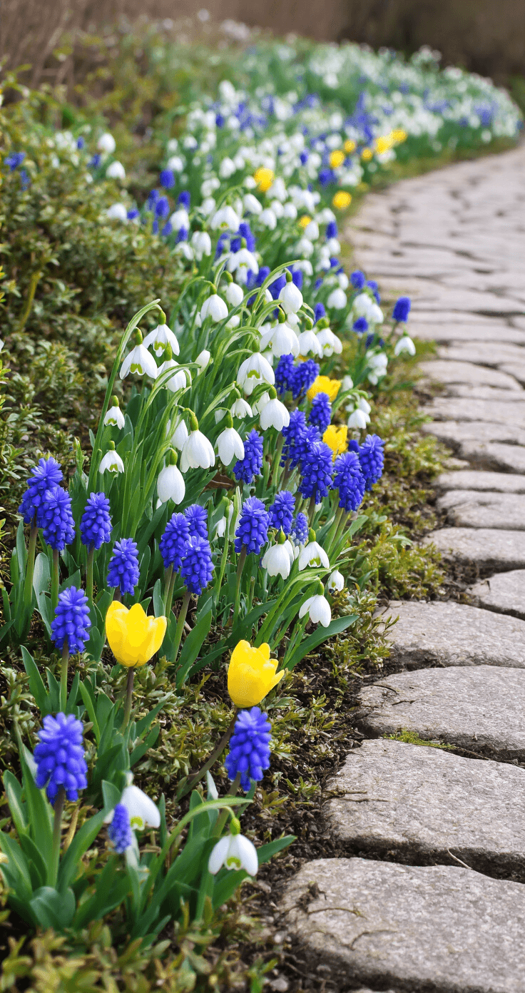 Shade-Loving Garden Bulbs: Transforming Dark Corners into Floral Paradises A close-up view of mixed spring bulbs, including snowdrops, grape hyacinths, and species tulips, emerging through groundcover near a stone path. The soft overcast light highlights their delicate colors of blue, white, and yellow, while a shallow depth of field creates a painterly effect.