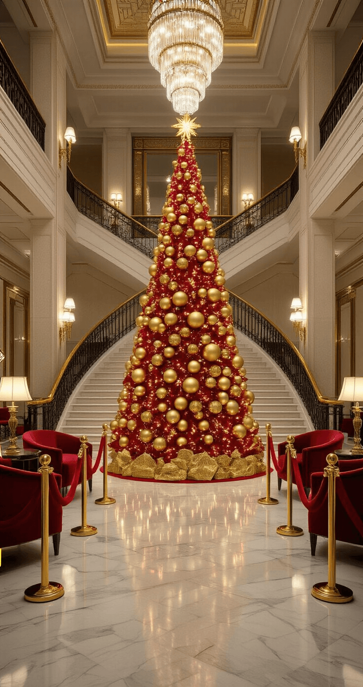 The Magic of a Red Christmas Tree: A Bold Holiday Statement Luxurious hotel lobby featuring a grand staircase and marble floors, with a majestic 12-foot red and gold Christmas tree adorned with oversized baubles and warm lights, surrounded by velvet ropes and gold stanchions, all illuminated by Art Deco sconces and crystal chandeliers, creating a glamorous atmosphere reminiscent of the Roaring Twenties.