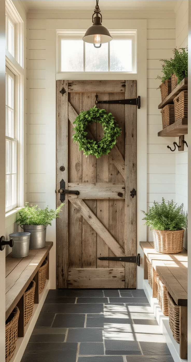 Photorealistic interior of a sunlit mudroom with a vintage wooden door as garden gate decor, tall casement windows, shiplap walls, slate flooring, rustic bench with metal planters, woven baskets in cubbies, and warm mason jar sconces, featuring a color palette of cream whites, weathered grays, and sage greens.