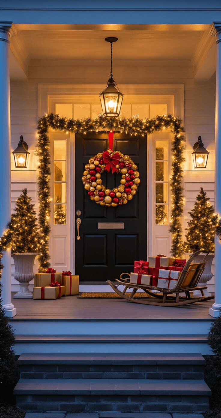 Christmas Porch Decor: Creating a Festive Welcome A cozy front porch at twilight, featuring warm golden light from windows, a large festive wreath on double doors, garlands with lights, a vintage sled with wrapped presents, decorated urns with small trees, oversized ornaments hanging from the ceiling, and a plush welcome mat.