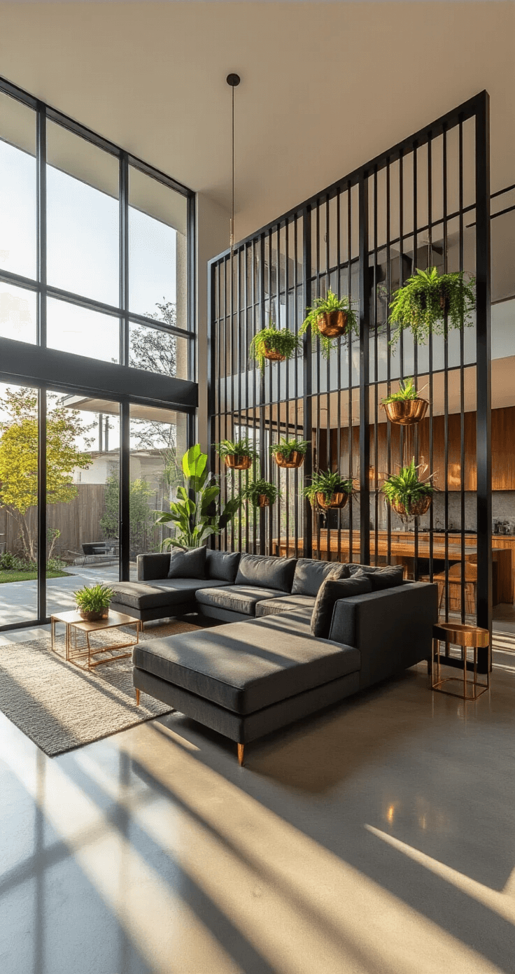 Contemporary living room with a sleek metal garden gate art installation as a room divider, featuring mid-century modern furniture and warm geometric light patterns on polished concrete floors.