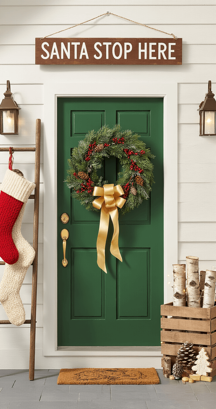 Christmas Porch Decor: Creating a Festive Welcome Close-up of a charming forest green cottage-style front door adorned with a mixed evergreen wreath featuring red berries and pinecones, a gold ribbon bow, vintage ladder with cream and red hand-knit stockings on the left, rustic wooden crate with birch logs and fairy lights on the right, and a weathered 'Santa Stop Here' sign above, with gleaming brass hardware and a braided jute rug at the base.