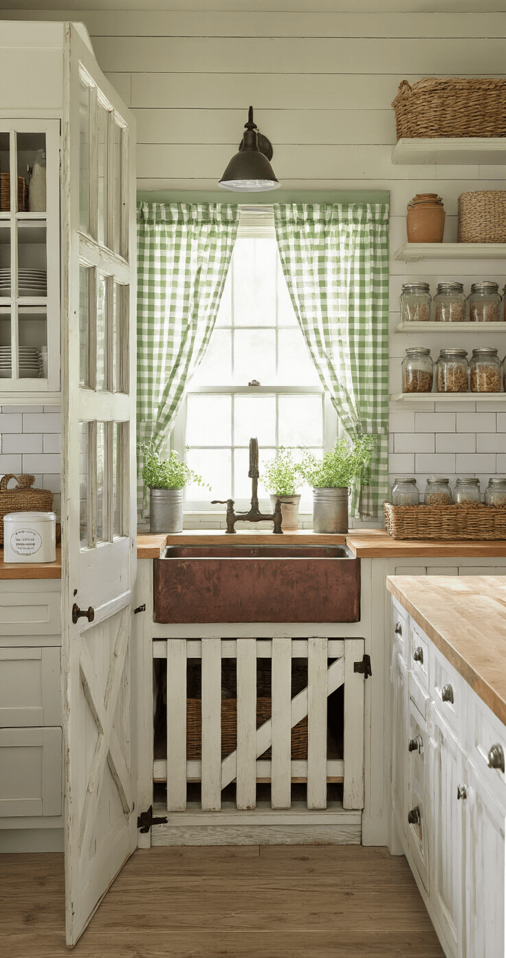 Farmhouse kitchen with rustic wooden picket gate pantry door, bathed in morning sunlight, showcasing reclaimed barn wood cabinetry, white subway tile backsplash, butcher block countertops, vintage copper sink, and soft sage green shiplap walls, organized pantry with mason jars and wicker baskets, and fresh herbs in galvanized containers on window sills.