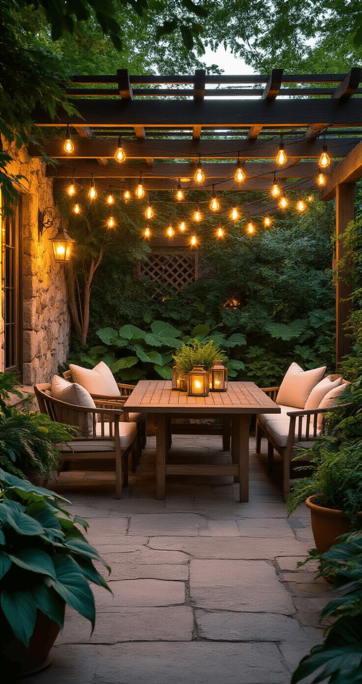 A cozy garden patio at twilight with warm Edison bulb string lights overhead, featuring a stone-paved terrace with weathered teak furniture, surrounded by lush plants in terracotta planters, and bathed in soft amber light from vintage brass lanterns.